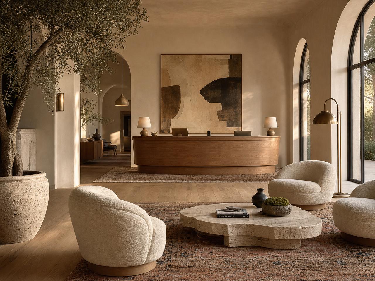 Warm hotel lobby with layered lighting and honed stone