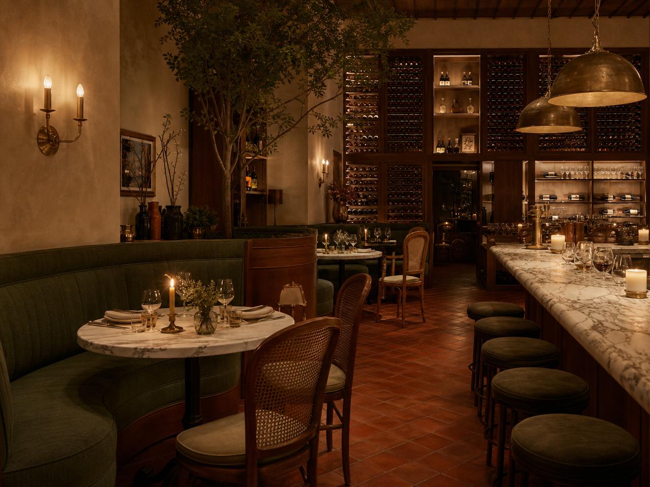 Editorial restaurant interior with velvet banquettes