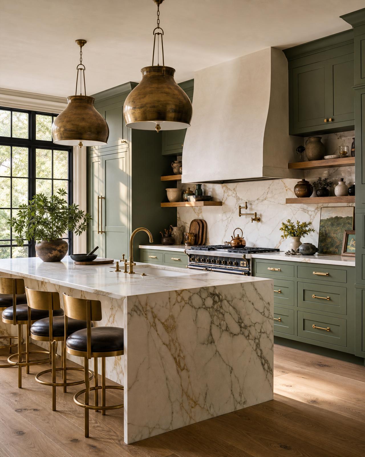 Cream kitchen with brass hardware and honed marble