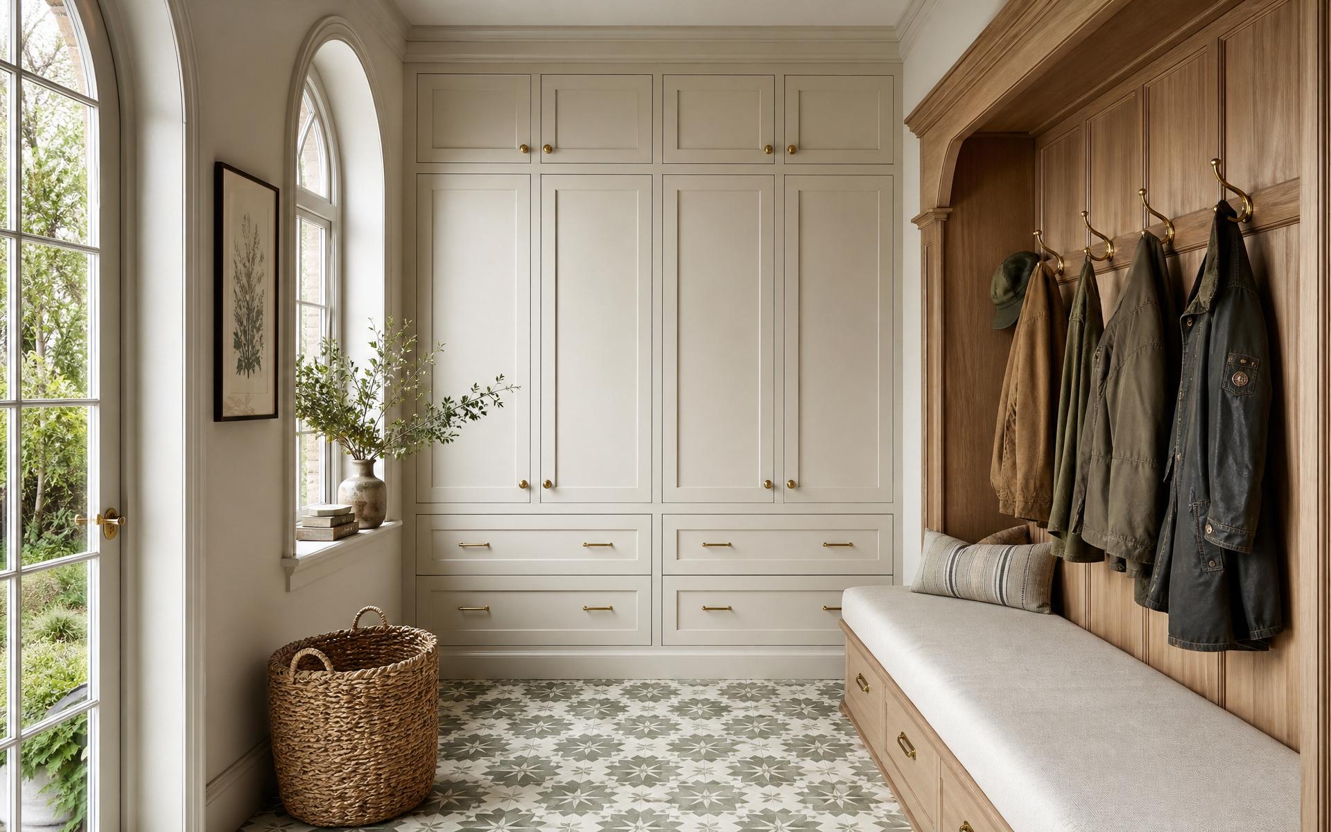 Mudroom passage with brass hooks