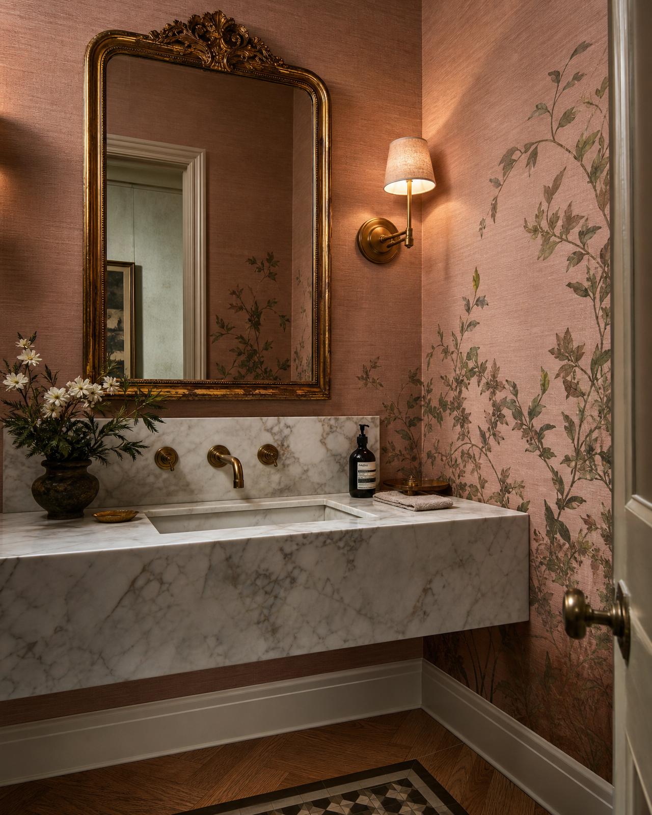 Adjacent powder room with wallpaper