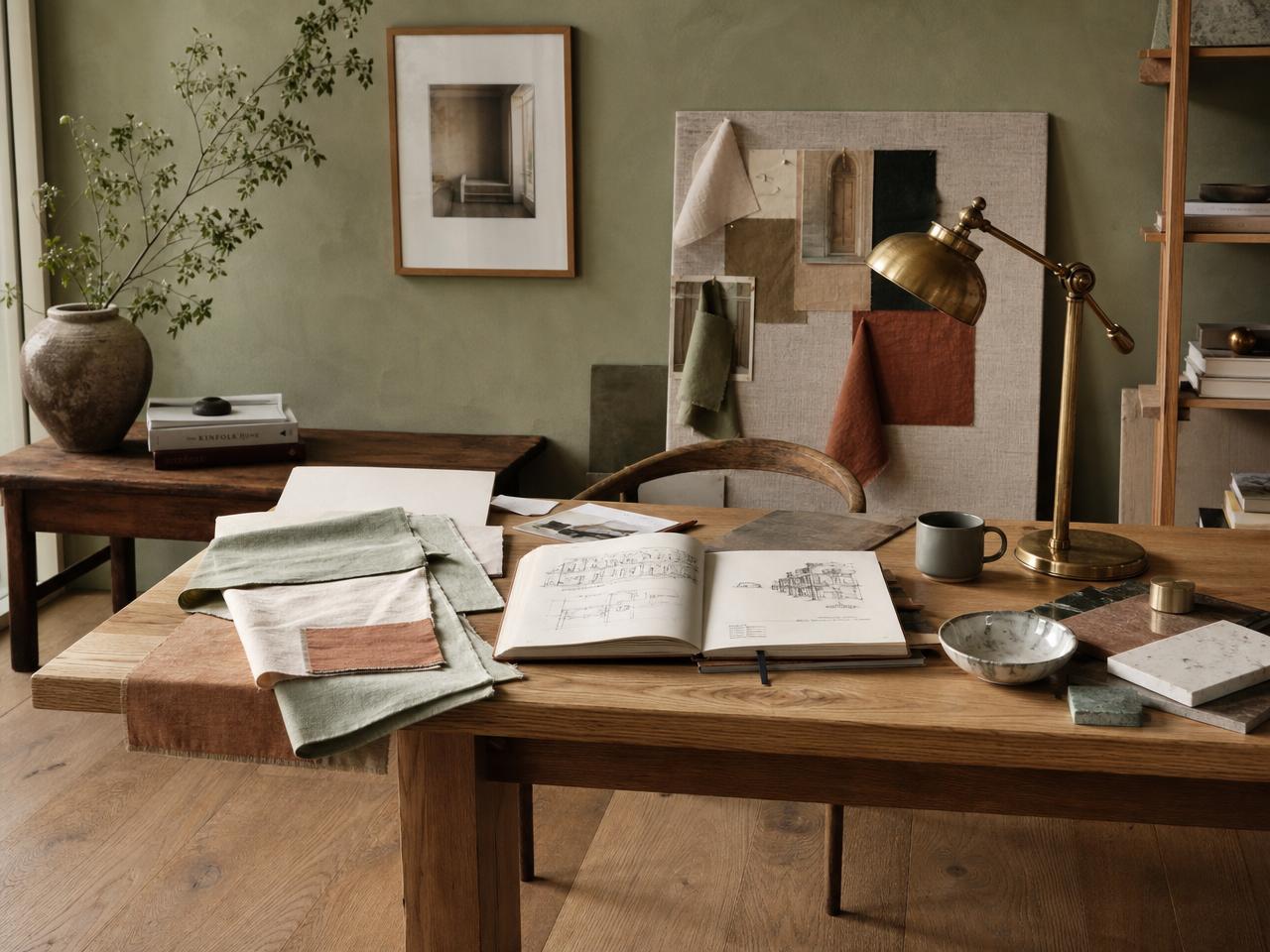 The studio corner: oak desk, brass lamp, sketches on linen