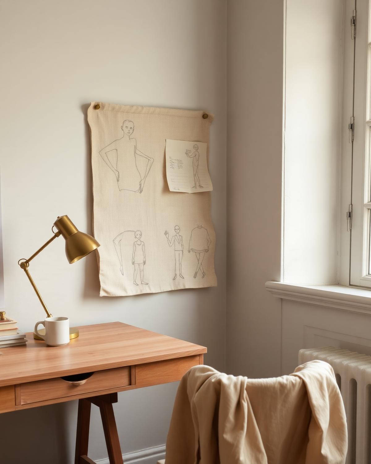 The studio corner: oak desk, brass lamp, sketches on linen
